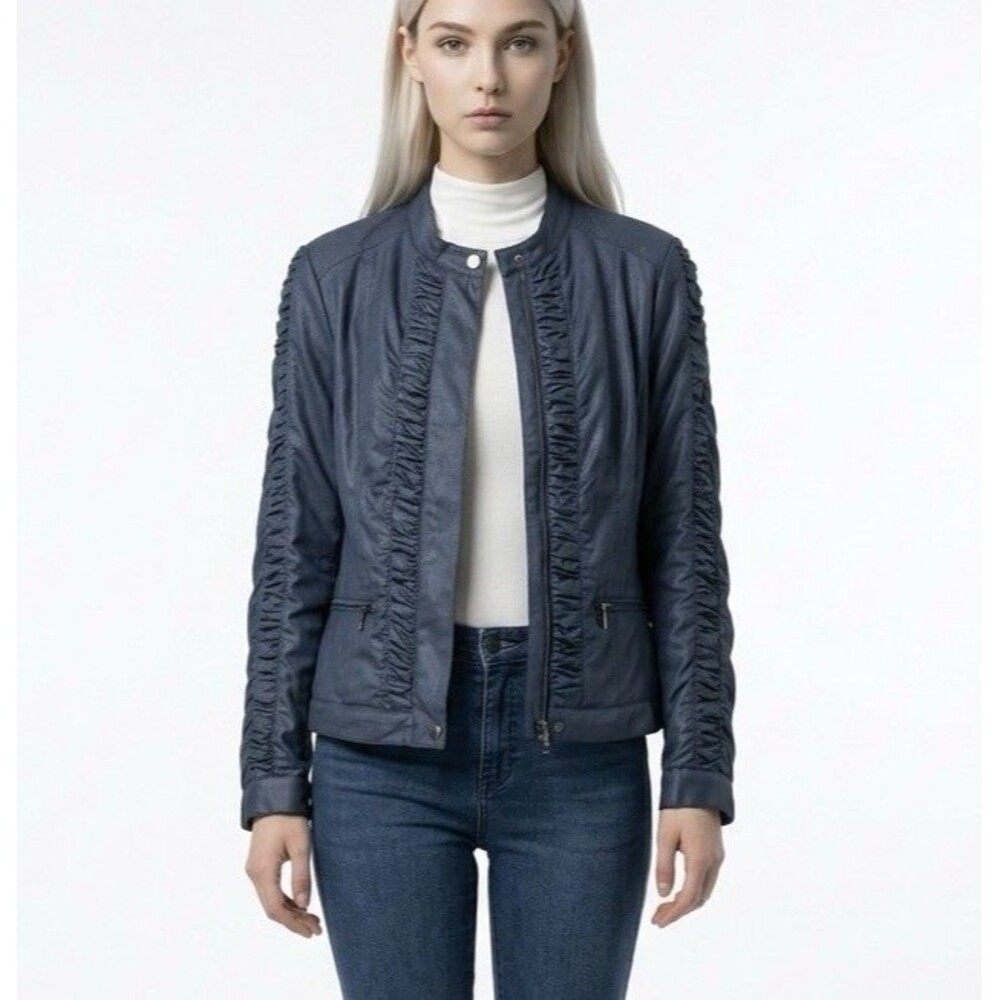 Tribal Women's Navy Ink Ruffle Ruched Moto Jacket Sz 8 Full Zip Lightweight NWT